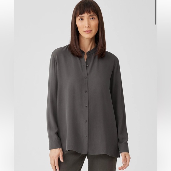 Eileen Fisher Silk Georgette Crepe Band Collar Grove Shirt S - Picture 5 of 8